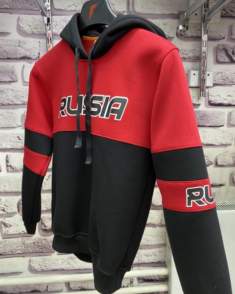Толстовка Россия с капюшоном (черный/красный). Модель PST-004