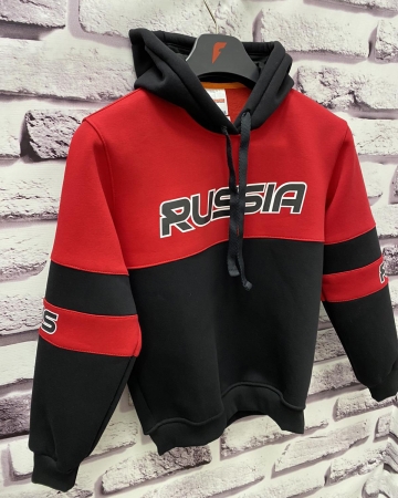 Толстовка Россия с капюшоном (черный/красный). Модель PST-004
